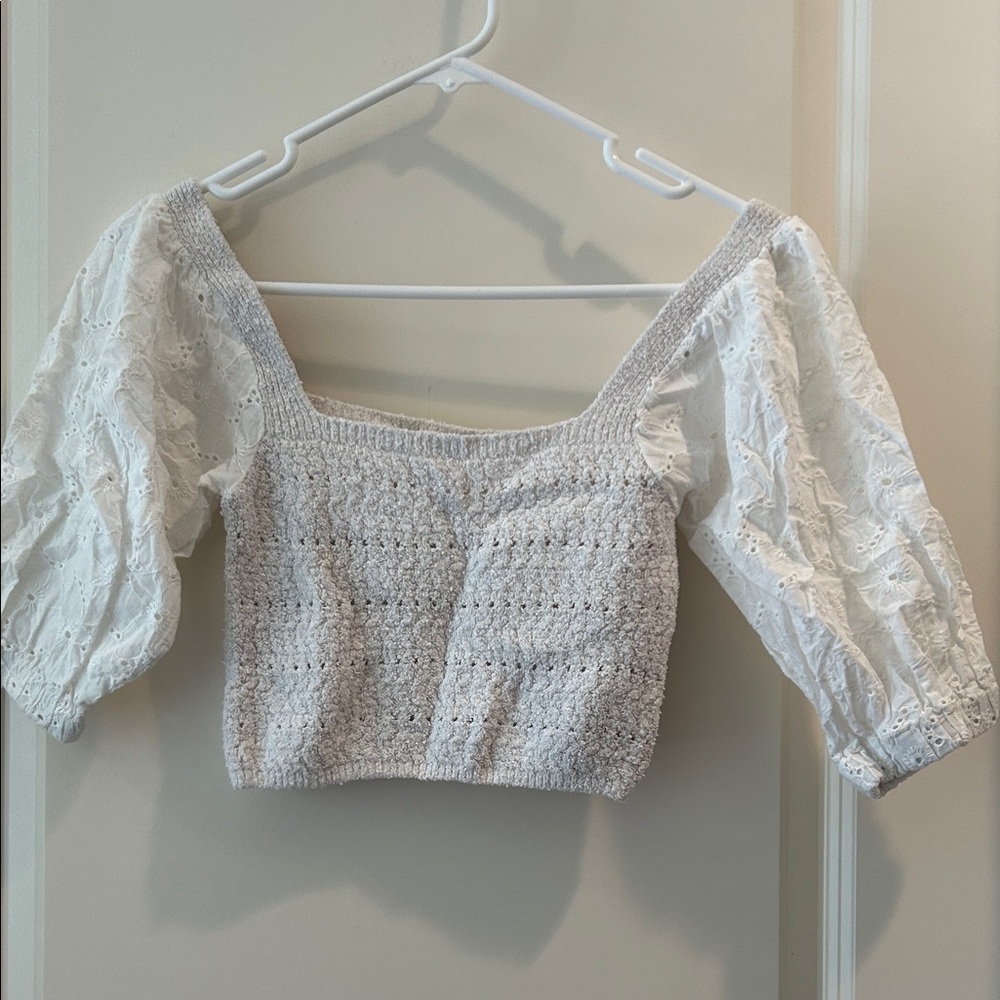 Zara Crochet Knit Cropped Top Square Neck w/ Puff Eyelet Sleeves elastic size S